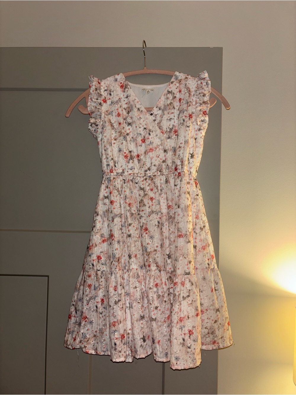 Hayden White Floral Ruffle Sleeve Dress with Pink Accents